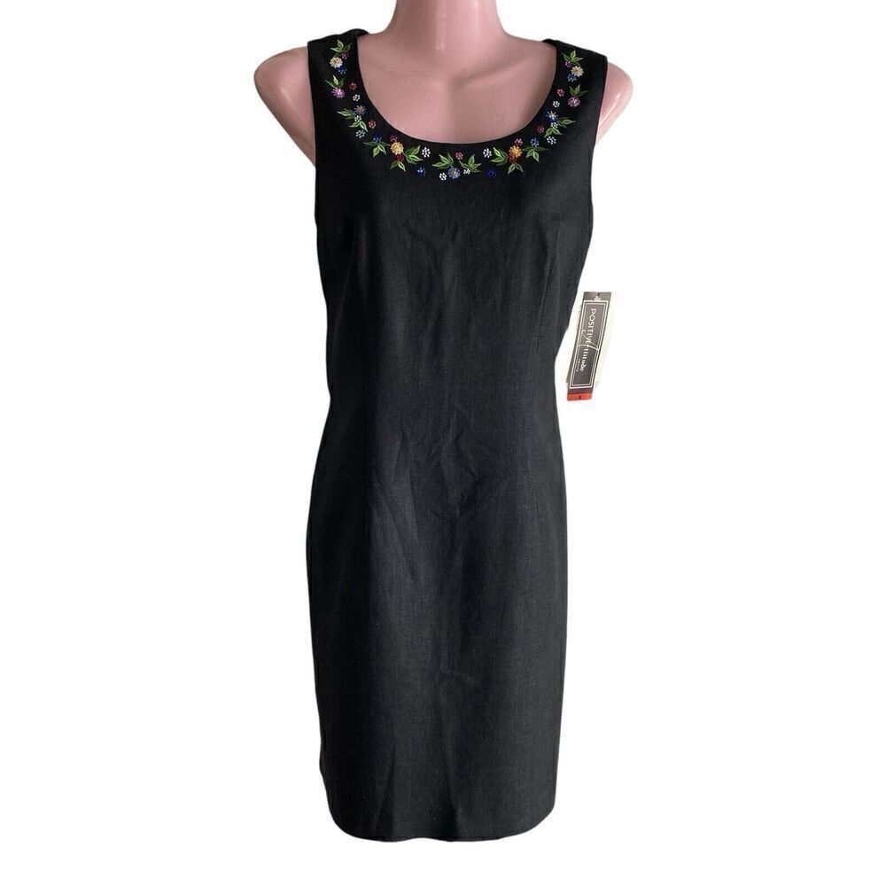 Vintage Y2K 90s Dress Women's Size 8 Petite Black Linen Blend Mini Embroidered
